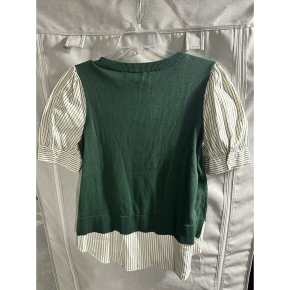 Loft‎ Striped Layered Mixed Media Poplin Short Sleeve Blouse Green Cotton Small - Picture 6 of 6